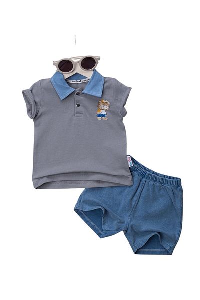 Minim Denim Collar Teddy Bear Printed Bottom Top Set
