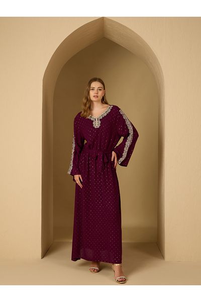 Styli Crinkled Embroidered Detail Jacquard Jalabiya with Fabric Belt