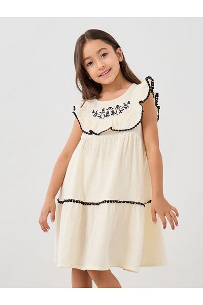 Styli Embroidered Sleeveless Ruffled Detail Knee-Length Dress