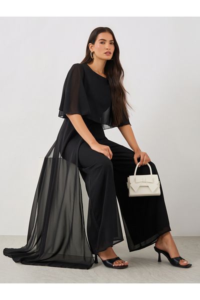 Styli Solid Cape Sleeve Wide Leg Jumpsuit