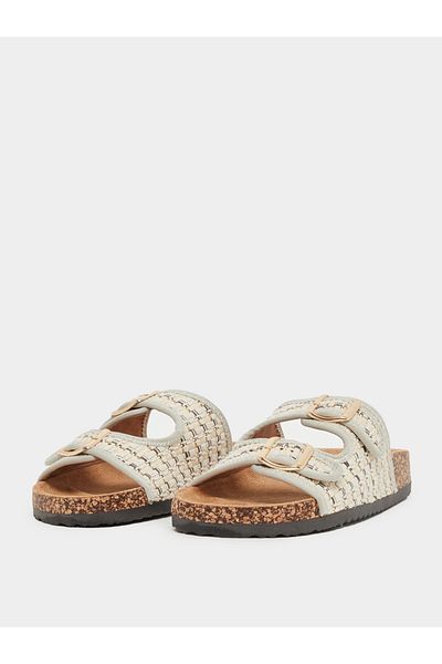 Styli Textured Slip On Flat Sandals with Buckle Details