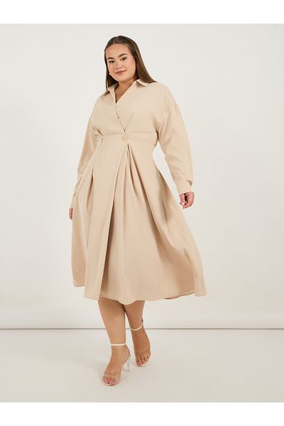 Styli Plus Size Wrap Front A-Line Shirt Midi Dress