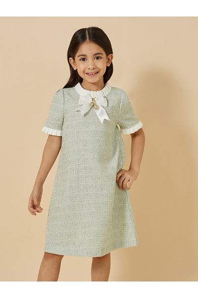 Styli Tweed Ruffle Trim Dress with Bow Detail