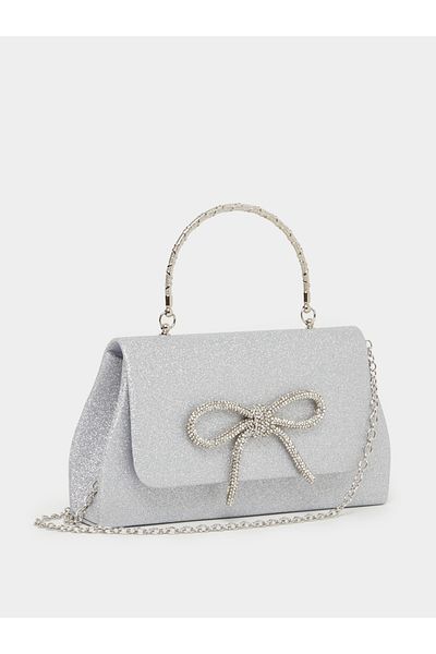Styli Embellished Metallic Ribbon Detail Clutch with Removable Chain Strap