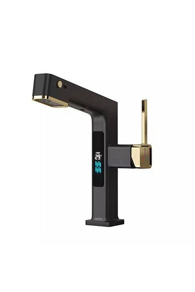 INNOVIX Baterie lavoar, afișaj digital, furtun extractibil de 60 cm, pivotare la 360°, blat ceramic, negru și auriu