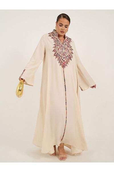 Styli Plus Size Stand Collar Embroidered A-Line Jalabyia