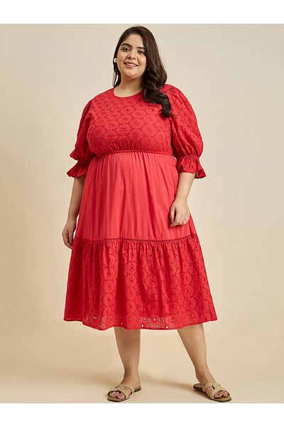 Femmella By Styli Texture Cotton Schiffli Tiered Midi Dress