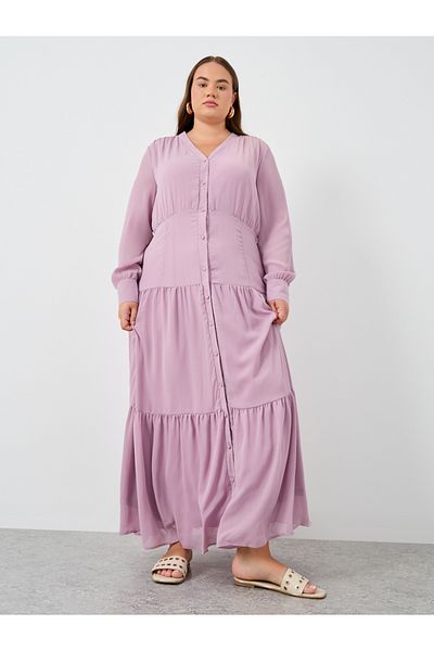 Styli Plus Size Solid Balloon Sleeves Shirt Maxi Dress