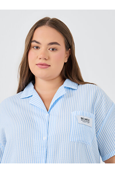 Styli Plus Size Striped Collared Shirt and Pyjama Set