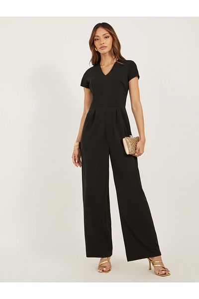 Styli Solid V Neck Pleated Wide Leg Jumpsuit