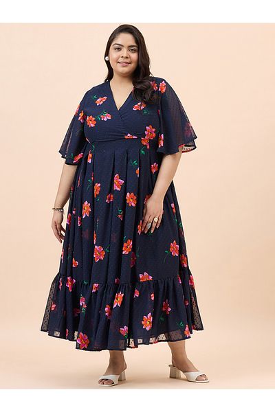 Femmella By Styli All-Over Print Textured Wrap Tiered Maxi Dress