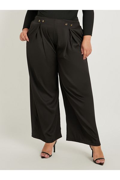Styli Plus Size Solid Pleated Wide Leg Pants with Button Detail