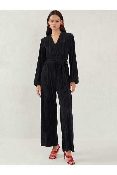 Femmella By Styli Solid Pleated Wrap Look Straight Leg Jumpsuit