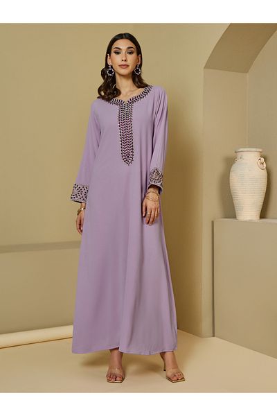 Styli Embroidered Trim Textured Jalabiya