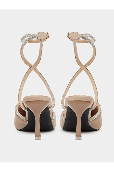 Sneak-a-Peek By Styli Beige Rhinestone Embellished Pointed Toe Ankle Strap Pumps