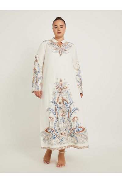 Styli Plus Size Stand Collar Printed A-Line Jalabyia with Embellished Detail