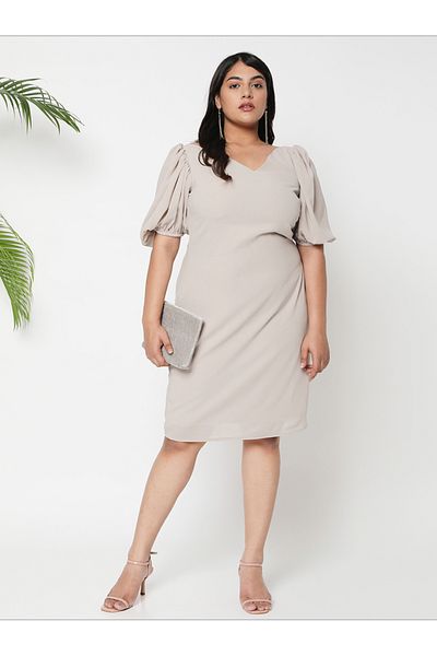 Mish By Styli Solid Wide V Neck Puff Sleeve Dress