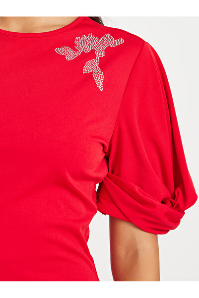 Styli Women Red Embellished Detail Short Sleeves Sheath Knee Length Dress