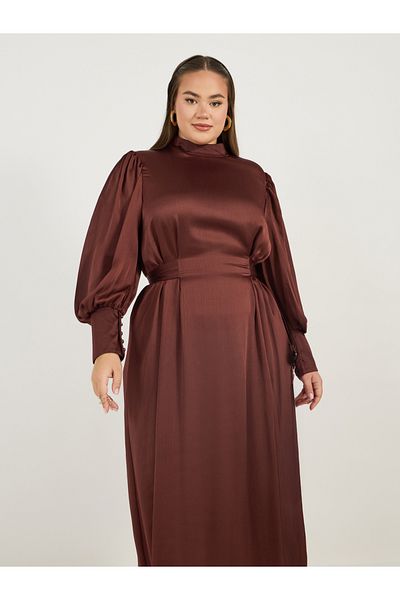 Styli Plus Size Satin Look Long Sleeves A-Line Maxi Dress with Pleated Detail