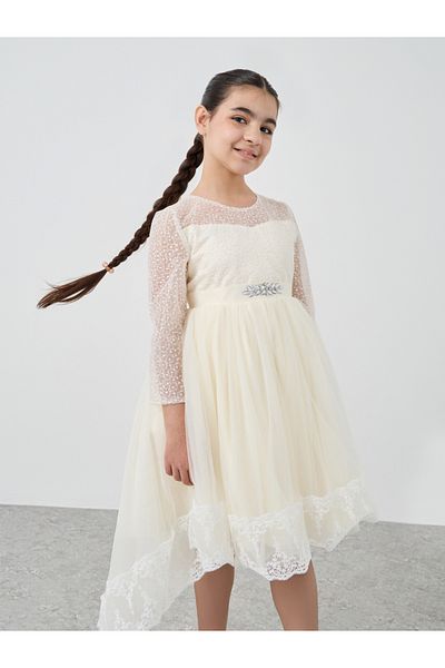 Styli Girls Off White Embroidered High Low Hem Mesh Dress