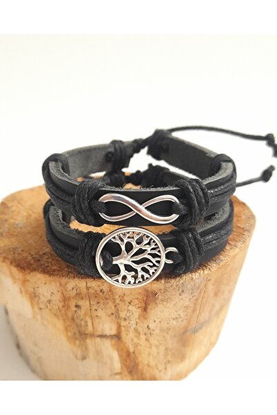 AB Takı Sonsuzluk Ve Hayat Ağacı Figürlü 2'li Moda Hakiki Deri Bileklik