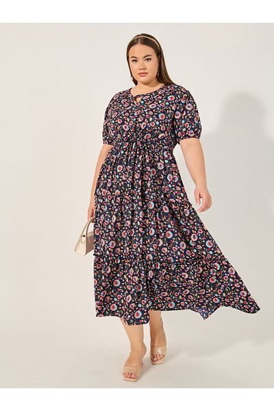 Styli Plus Size Floral Print Keyhole Neck Tiered Midi Dress