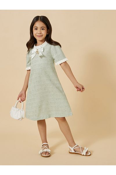 Styli Tweed Ruffle Trim Dress with Bow Detail