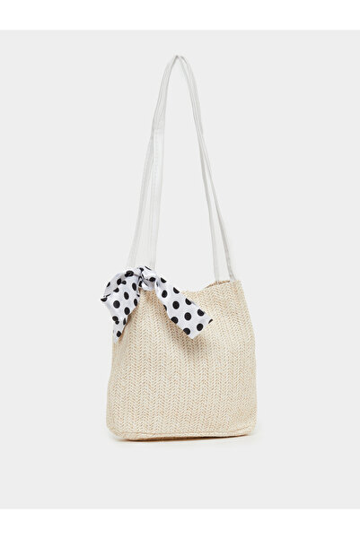 Styli Weave Design Straw Shoulder Bag with Polka Dot Print Ribbon Detail