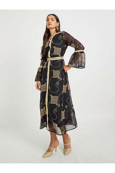 Keenly By Styli Women Black Embroidered V Neck Jalabiya with Lace Detailcl