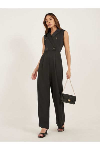 Styli Notch Lapel Double Breasted Wide Leg Jumpsuit