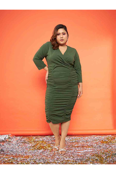 Sassafras By Styli Plus Glitter Ruched Detail Bodycon Slit Midi Dress