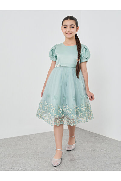 Styli فستان شبكي مطرز بأكمام منفوخة للبنات