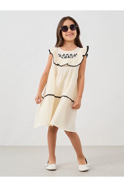 Styli Embroidered Sleeveless Ruffled Detail Knee-Length Dress