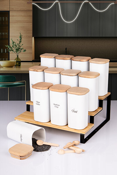 naturelove 12'Li Standlı Doğal Ahşap Vakumlu Kapaklı Porselen Görünümlü Akril...