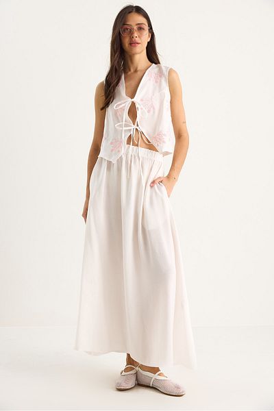 Bianco Lucci Women's Tie Front Embroidered Vest Pocket Detailed Long Modal Skirt Suit 4009 60283423