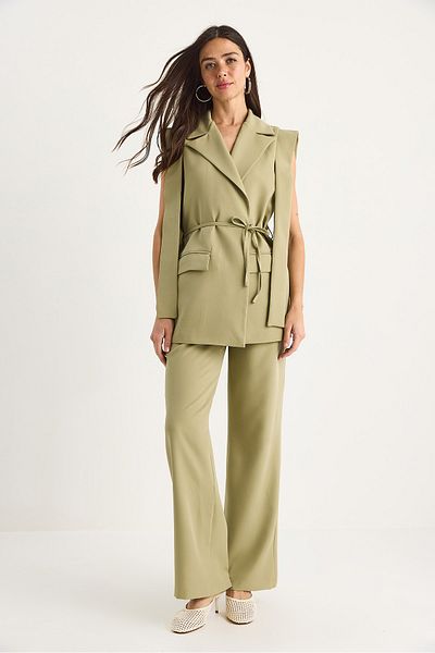 Bianco Lucci Women's Tie-Up Blazer Vest Palazzo Pants Double Bottom-Top Suit 8005 60283415