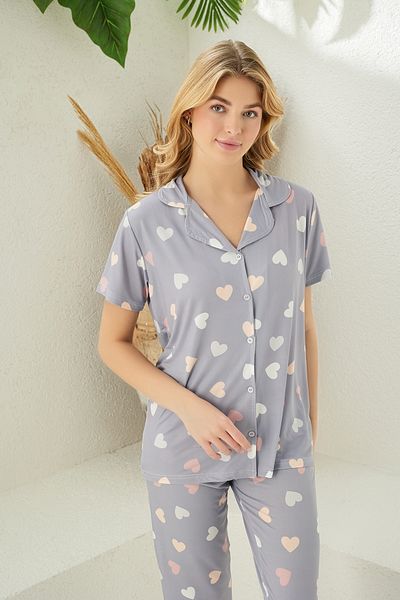 Prestij İç Giyim Women's Patterned Front Buttoned Shirt Collar Short Sleeve Pajama Set