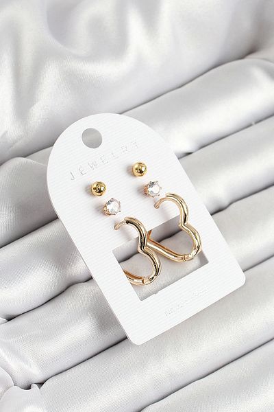 Clariss Gold Color 3-Piece Double Women's Earring Set with Brass Zircon Stone and Heart Figure