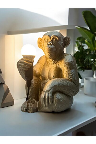 Second Life Bronz Renkli Maymun Tasarımlı Dekoratif Lamba Ve Gece Lambası (AMPUL HEDİYEDİR) 35 X 30 Cm