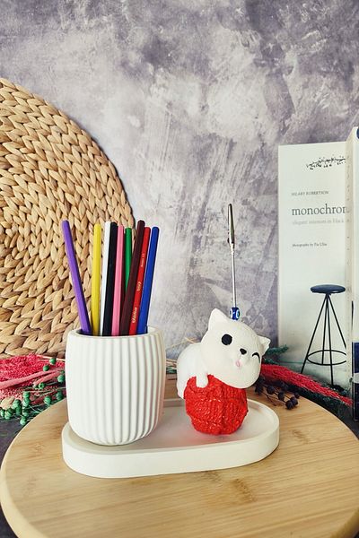 puridadesign Комплект декоративен сладък държач за моливи с котка и тефтерче, подарък за бюро