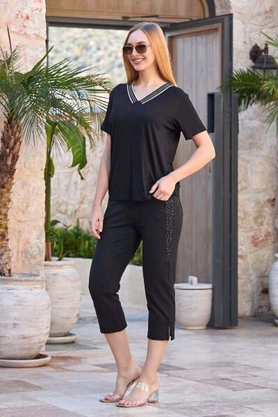 Cossy By Aqua Set Capri pentru femei, negru, cu mânecă scurtă, cu imprimeu de piatră, din bumbac, cu decolteu în V 25736