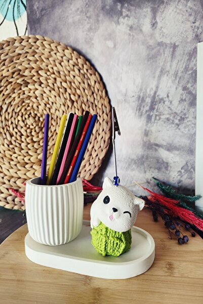 puridadesign Decorative Cute Cat Pen Holder and Note Holder Set, Desktop Gift