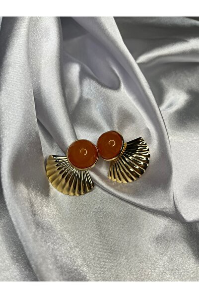 Fam&Co Jewelry Women's Vintage Style Gold Fan Detailed Round Earrings - Orange Stone