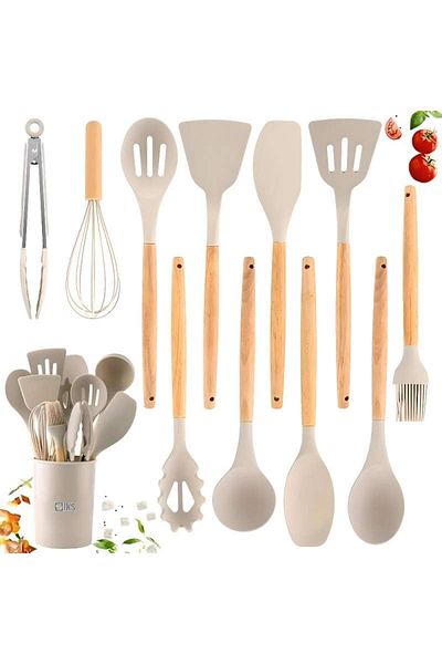 SIKS Premium Kitchen Utensil Set – 12 Pieces Made Of Wood And Food Grade Silicone