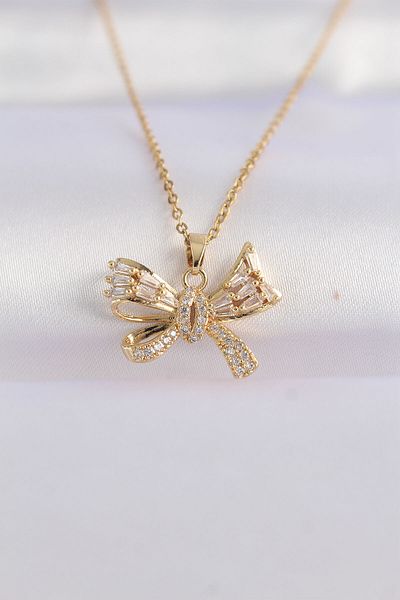 Skygo 316L Steel Chain Gold Color Zircon Stone Bow Necklace - Tj-Bko8652