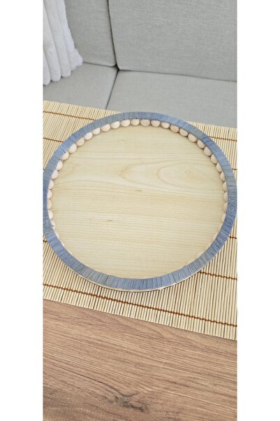 MUJA DEC El Yapımı Ahşap Boncuklu Dekoratif Sunum Tepsisi 25 cm Makyaj Banyo Düzenleyici Mavi