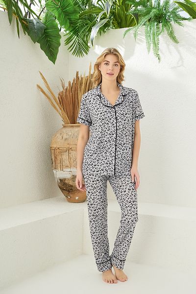 Prestij İç Giyim Women's Patterned Front Buttoned Shirt Collar Short Sleeve Pajama Set