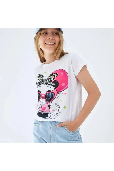 Marka Sensin Kids Girl's Special Design Panda Printed Fuchsia T-Shirt Jeans Pants Hat 3 Piece Set