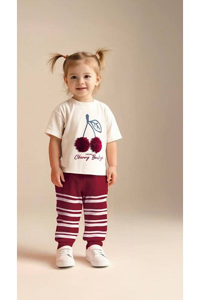 KidsSel New Season Girl's Cotton Cream Burgundy Cherry Pompom Tshirt and Sweatpants Set