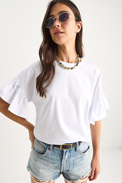 Bianco Lucci Women's Ruffled Sleeves Crew Neck Cotton T-Shirt 60602074